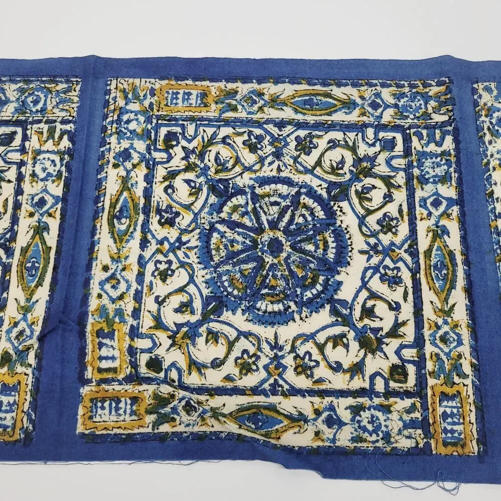 Vintage Turkish Blue Mandala Flower Set 4 Connected Fabric Panel Turkey Made